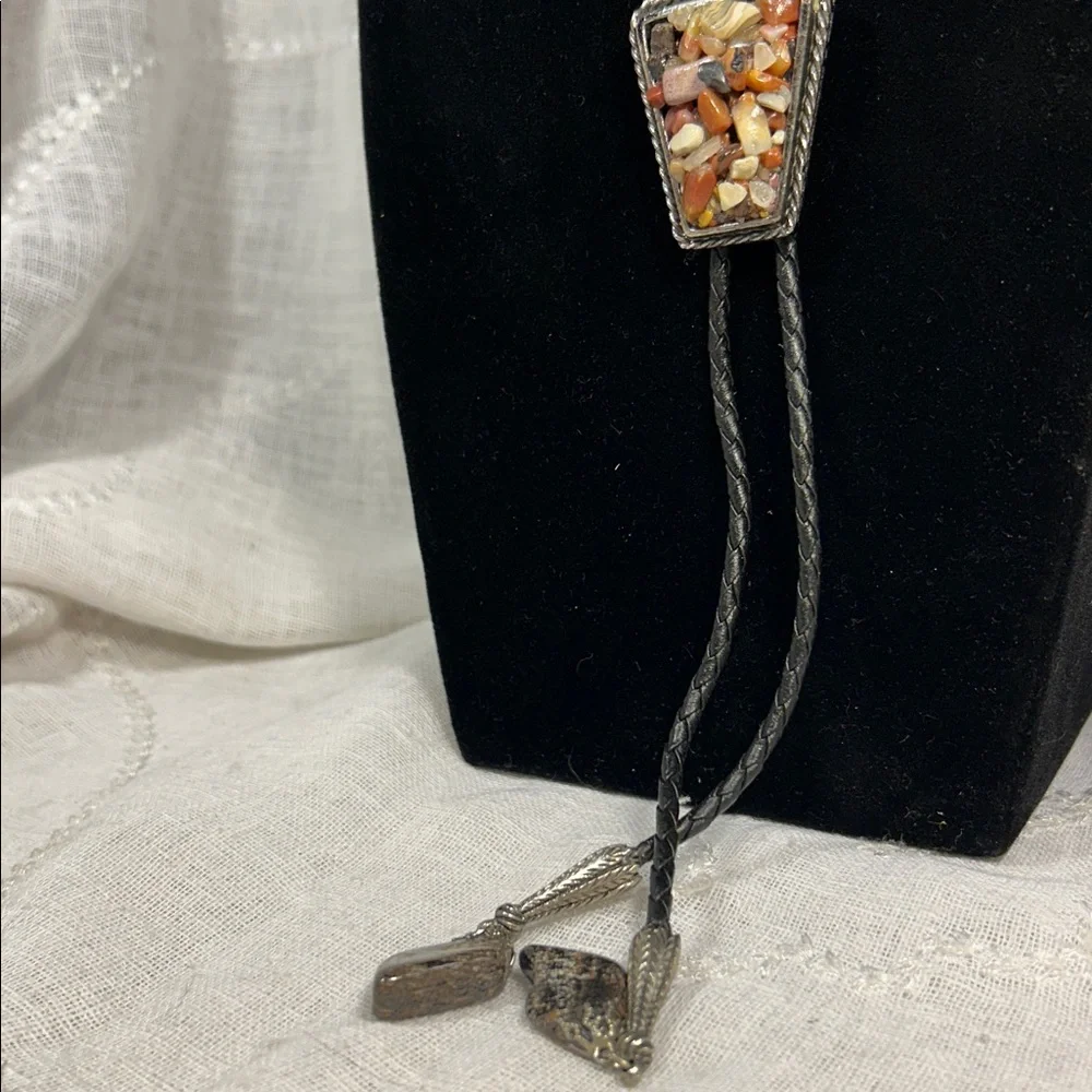 Vintage Bolo tie western leather, ornate medallion natural agate, jasper, etc